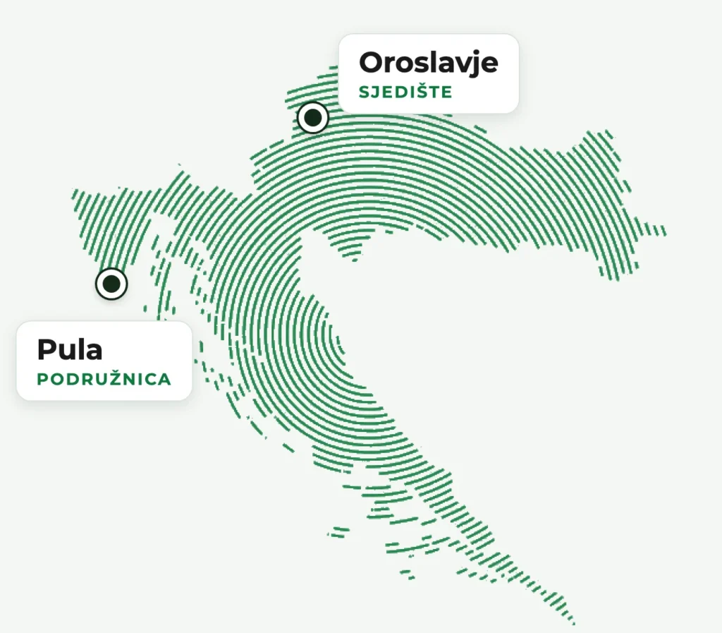 Karta Hrvatske s uredima ENERGOCERT: sjedište u Oroslavju i podružnica u Puli